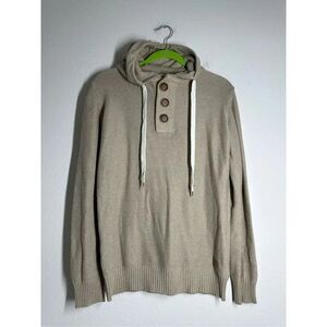 No Name Men’s Hooded 3 Buttons Drawstring Cotton Sweater Tan Size M